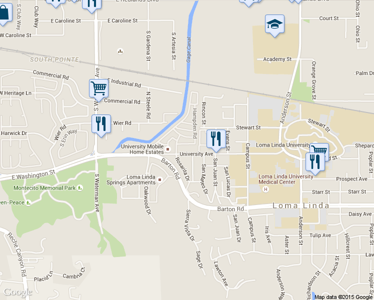 map of restaurants, bars, coffee shops, grocery stores, and more near 24426 University Avenue in Loma Linda