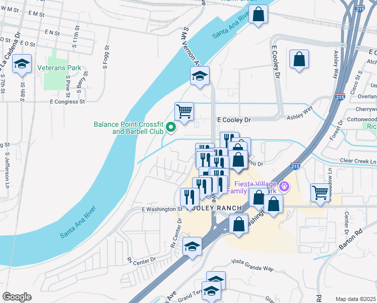 map of restaurants, bars, coffee shops, grocery stores, and more near 1043 South Santo Antonio Drive in Colton