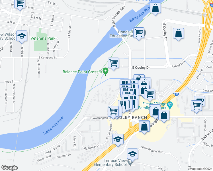 map of restaurants, bars, coffee shops, grocery stores, and more near 1043 South Santo Antonio Drive in Colton