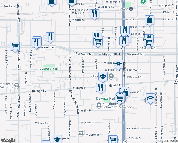 map of restaurants, bars, coffee shops, grocery stores, and more near 530 West Ralston Street in Ontario