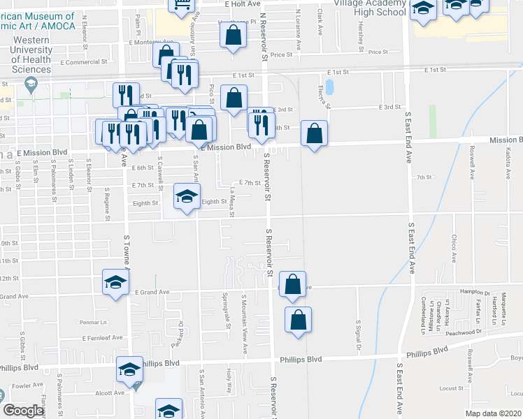 map of restaurants, bars, coffee shops, grocery stores, and more near 760 La Mesa Street in Pomona