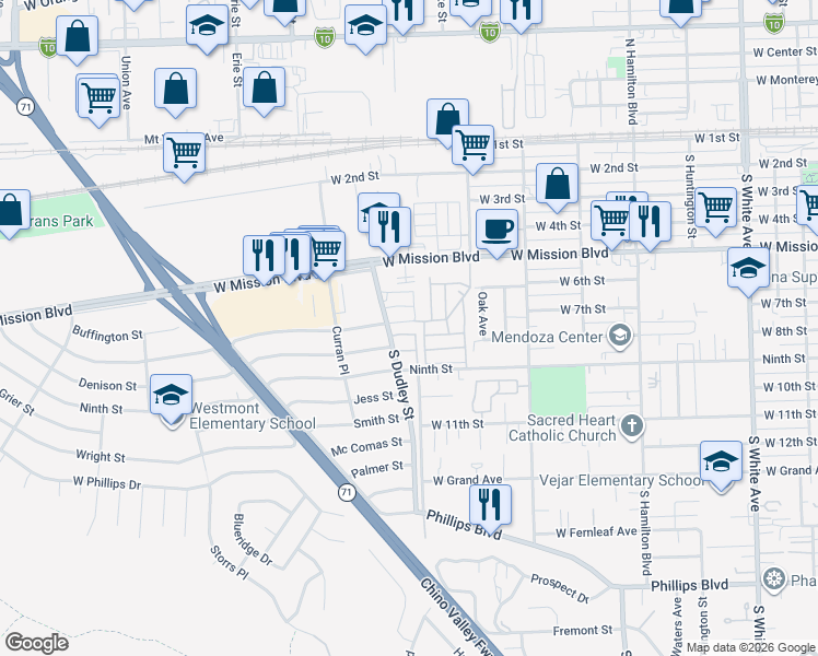 map of restaurants, bars, coffee shops, grocery stores, and more near 1495 Vejar Street in Pomona