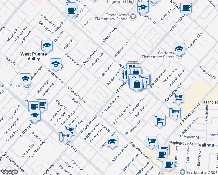 map of restaurants, bars, coffee shops, grocery stores, and more near 1760 South Cabana Avenue in West Covina