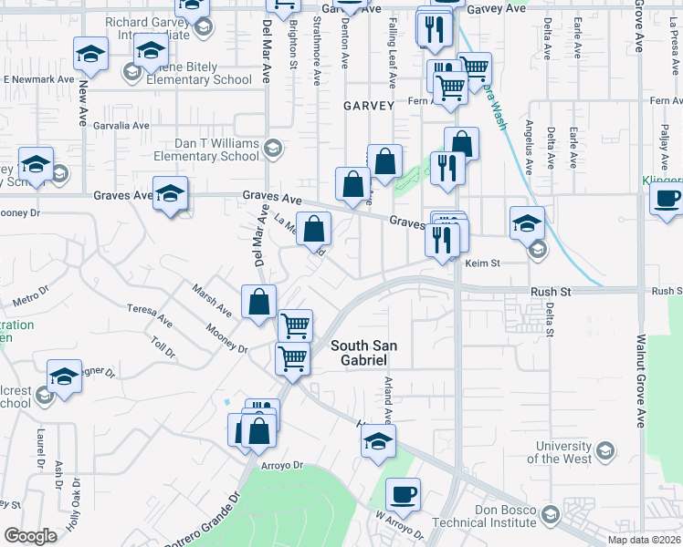 map of restaurants, bars, coffee shops, grocery stores, and more near 7931 La Merced Road in Rosemead