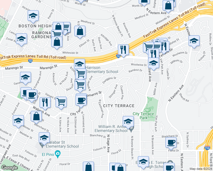 map of restaurants, bars, coffee shops, grocery stores, and more near 3732 Dwiggins Street in Los Angeles