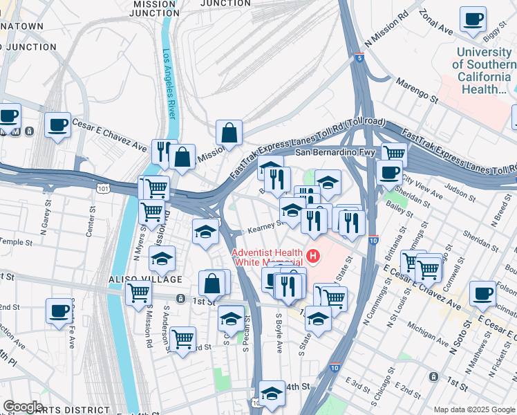 map of restaurants, bars, coffee shops, grocery stores, and more near 1400 Bridge Street in Los Angeles