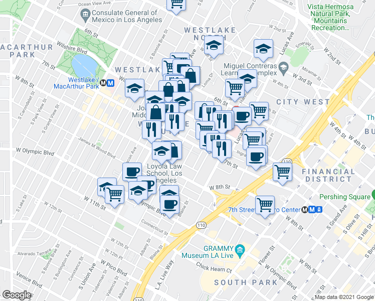 map of restaurants, bars, coffee shops, grocery stores, and more near in Los Angeles