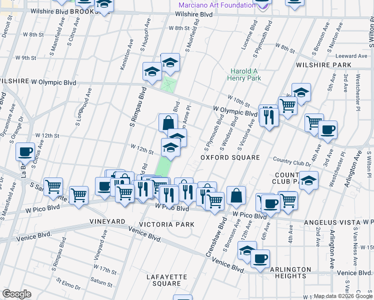 map of restaurants, bars, coffee shops, grocery stores, and more near 1142 Queen Anne Place in Los Angeles