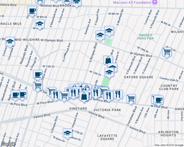 map of restaurants, bars, coffee shops, grocery stores, and more near 1154 South Rimpau Boulevard in Los Angeles