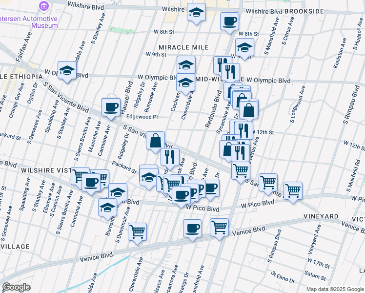 map of restaurants, bars, coffee shops, grocery stores, and more near 1211 Meadowbrook Avenue in Los Angeles