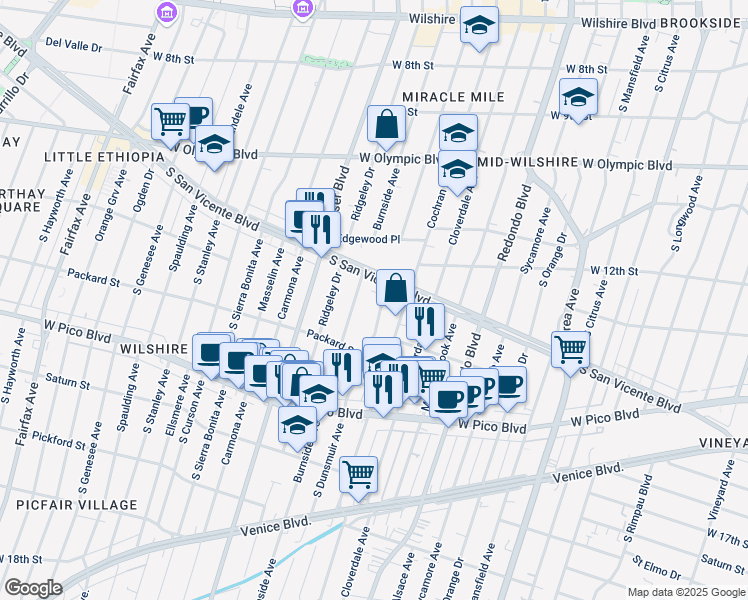 map of restaurants, bars, coffee shops, grocery stores, and more near 1206 South Burnside Avenue in Los Angeles