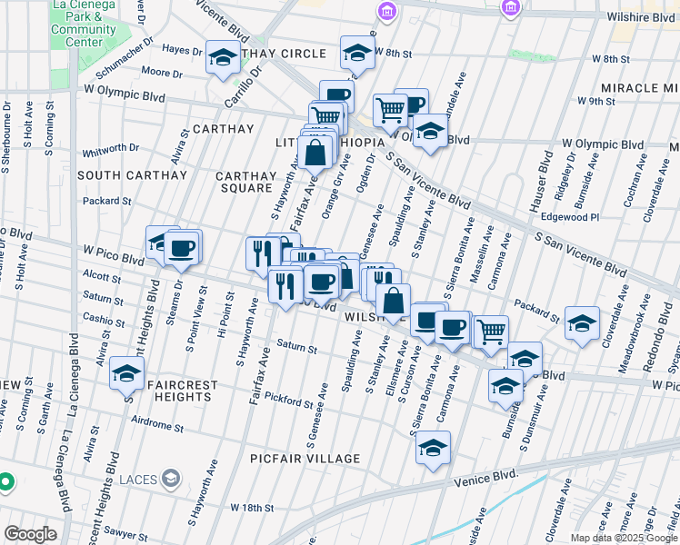 map of restaurants, bars, coffee shops, grocery stores, and more near 1258 South Ogden Drive in Los Angeles