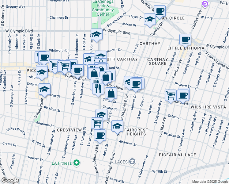 map of restaurants, bars, coffee shops, grocery stores, and more near 6095 West Pico Boulevard in Los Angeles