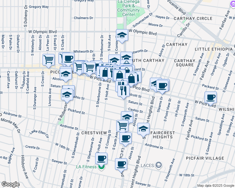 map of restaurants, bars, coffee shops, grocery stores, and more near 8523 Alcott Street in Los Angeles
