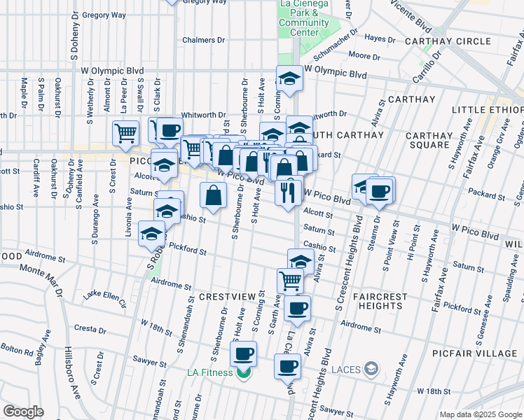 map of restaurants, bars, coffee shops, grocery stores, and more near 1423 South Holt Avenue in Los Angeles