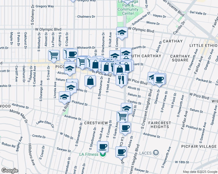 map of restaurants, bars, coffee shops, grocery stores, and more near 1423 South Holt Avenue in Los Angeles