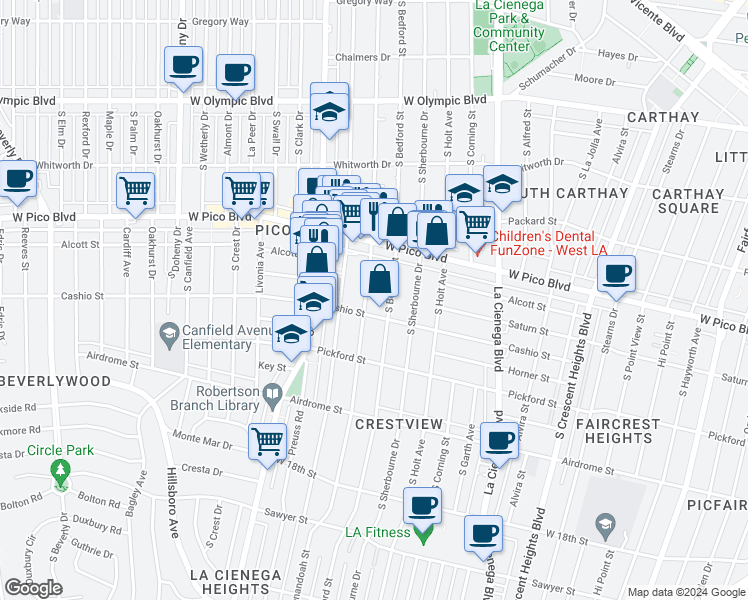 map of restaurants, bars, coffee shops, grocery stores, and more near 1442 South Shenandoah Street in Los Angeles