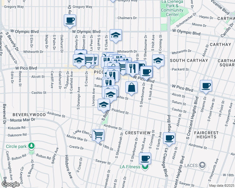 map of restaurants, bars, coffee shops, grocery stores, and more near 1455 South Wooster Street in Los Angeles