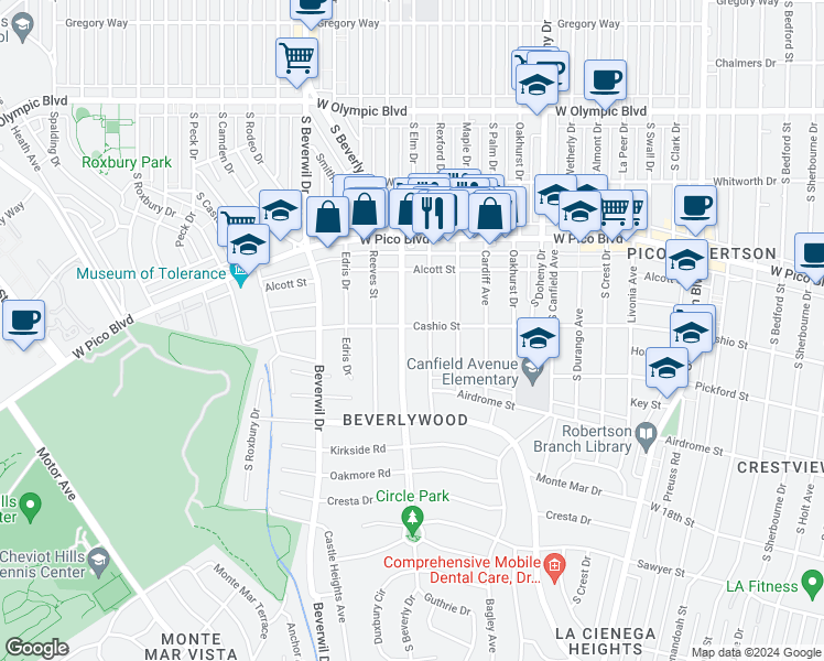 map of restaurants, bars, coffee shops, grocery stores, and more near in Los Angeles