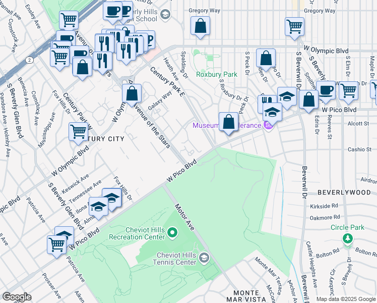 map of restaurants, bars, coffee shops, grocery stores, and more near 10114 Empyrean Way in Los Angeles