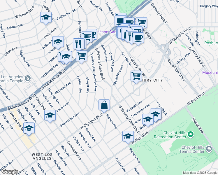 map of restaurants, bars, coffee shops, grocery stores, and more near 2024 South Beverly Glen Boulevard in Los Angeles