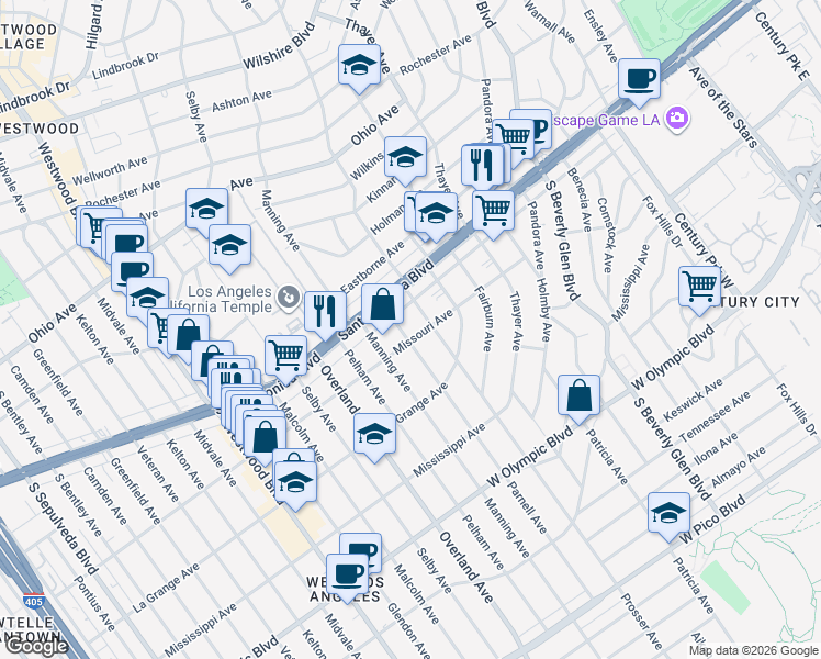 map of restaurants, bars, coffee shops, grocery stores, and more near 10604 California 2 in Los Angeles