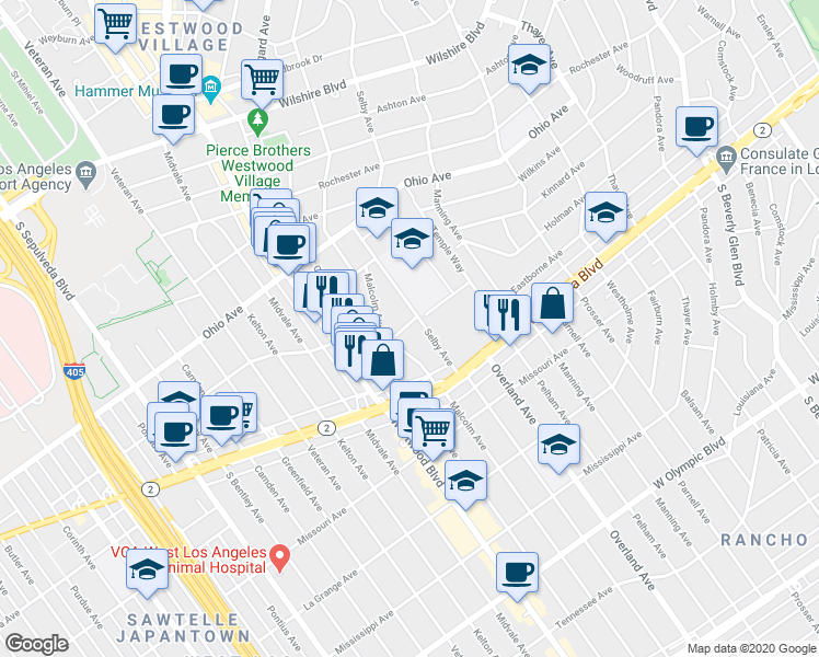map of restaurants, bars, coffee shops, grocery stores, and more near 10755 Massachusetts Avenue in Los Angeles