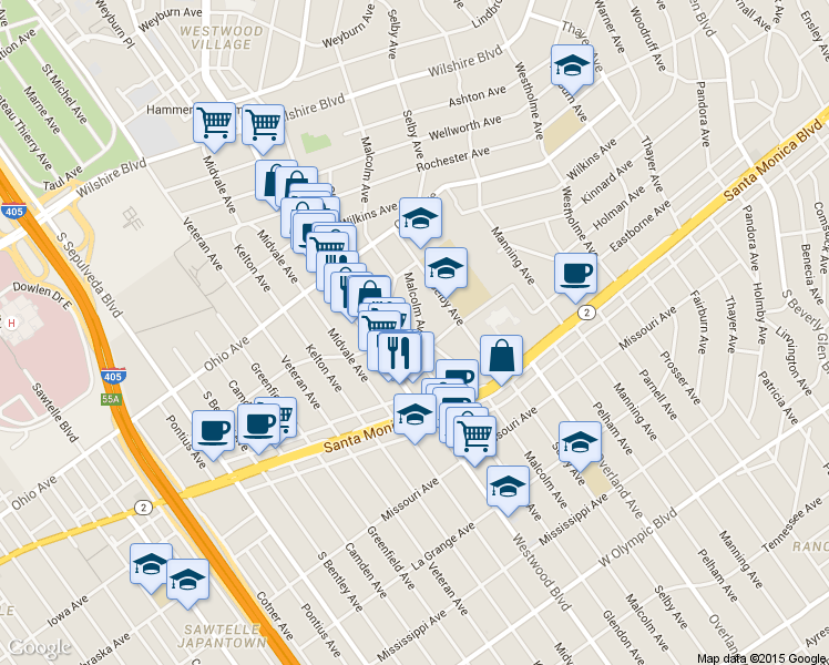 map of restaurants, bars, coffee shops, grocery stores, and more near 1646 Malcolm Avenue in Los Angeles