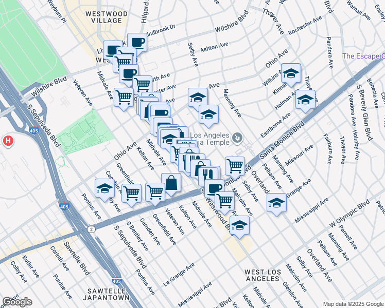 map of restaurants, bars, coffee shops, grocery stores, and more near 1646 Malcolm Avenue in Los Angeles