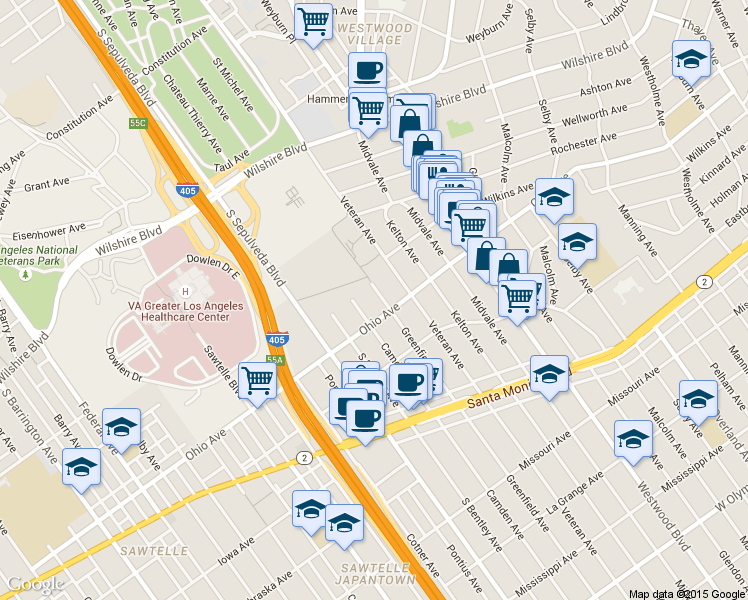 map of restaurants, bars, coffee shops, grocery stores, and more near 1404 Greenfield Avenue in Los Angeles