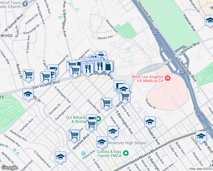 map of restaurants, bars, coffee shops, grocery stores, and more near 11627 Mayfield Avenue in Los Angeles