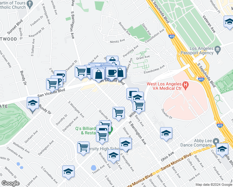 map of restaurants, bars, coffee shops, grocery stores, and more near 11627 Mayfield Avenue in Los Angeles