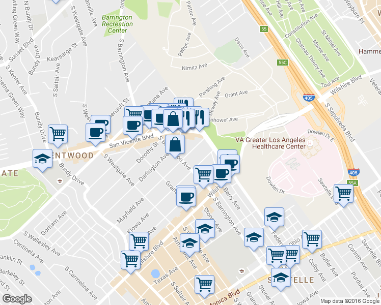 map of restaurants, bars, coffee shops, grocery stores, and more near 11627 Mayfield Avenue in Los Angeles
