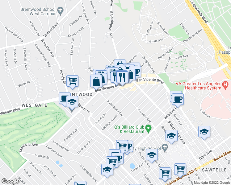 map of restaurants, bars, coffee shops, grocery stores, and more near 814 South Westgate Avenue in Los Angeles