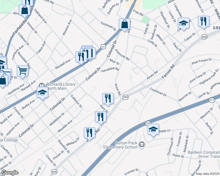 map of restaurants, bars, coffee shops, grocery stores, and more near 5723 Koon Road in Columbia