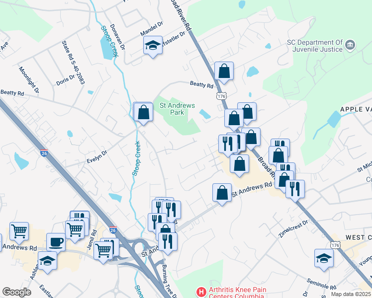 map of restaurants, bars, coffee shops, grocery stores, and more near 3500 Eve Drive in Columbia
