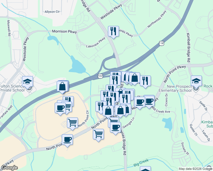 map of restaurants, bars, coffee shops, grocery stores, and more near 1950 Rock Mill Road in Alpharetta