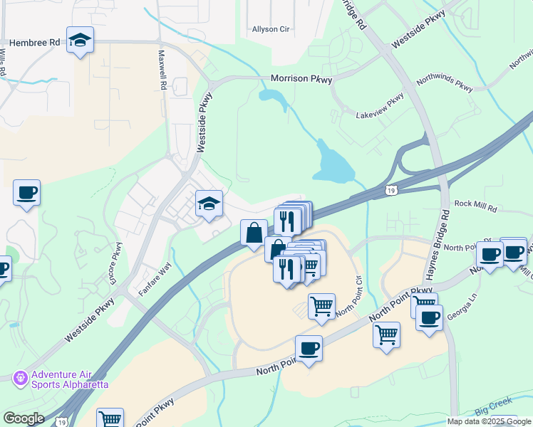 map of restaurants, bars, coffee shops, grocery stores, and more near 600 Duval Drive in Alpharetta