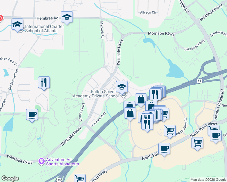map of restaurants, bars, coffee shops, grocery stores, and more near 11177 Calypso Drive in Alpharetta