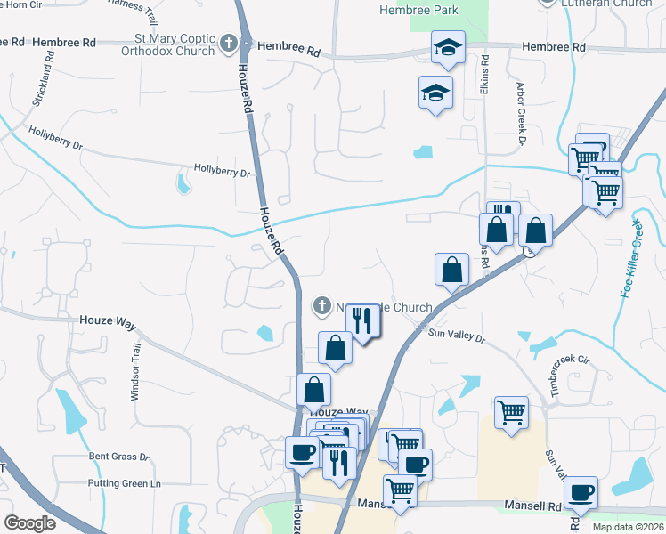 map of restaurants, bars, coffee shops, grocery stores, and more near 11205 Hembree Springs Drive in Roswell