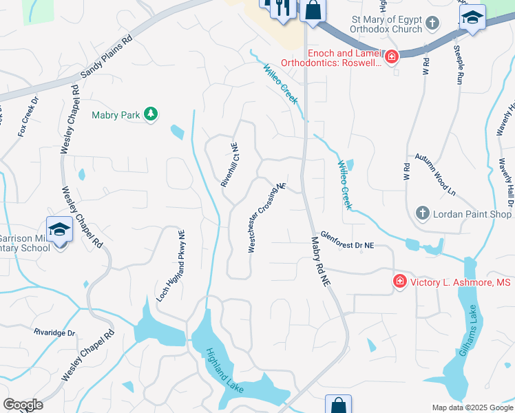 map of restaurants, bars, coffee shops, grocery stores, and more near 4116 Westchester Crossing Northeast in Roswell
