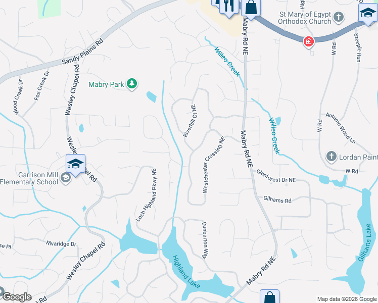 map of restaurants, bars, coffee shops, grocery stores, and more near 4156 Riverhill Court Northeast in Roswell