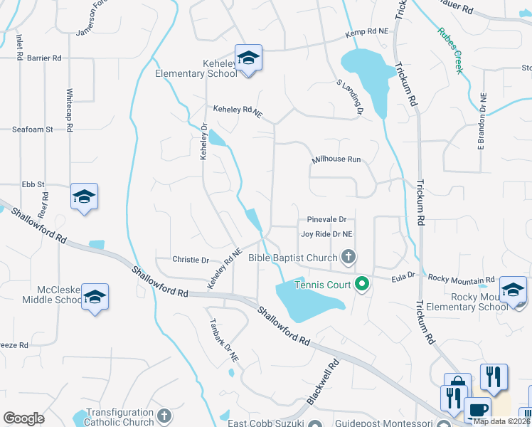 map of restaurants, bars, coffee shops, grocery stores, and more near 4185 Keheley Road Northeast in Marietta