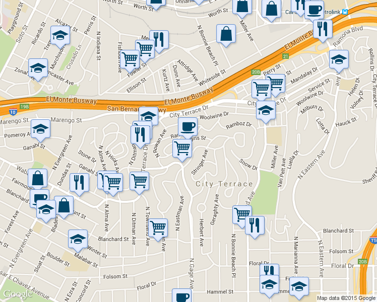 map of restaurants, bars, coffee shops, grocery stores, and more near 3733 Bostwick Street in Los Angeles