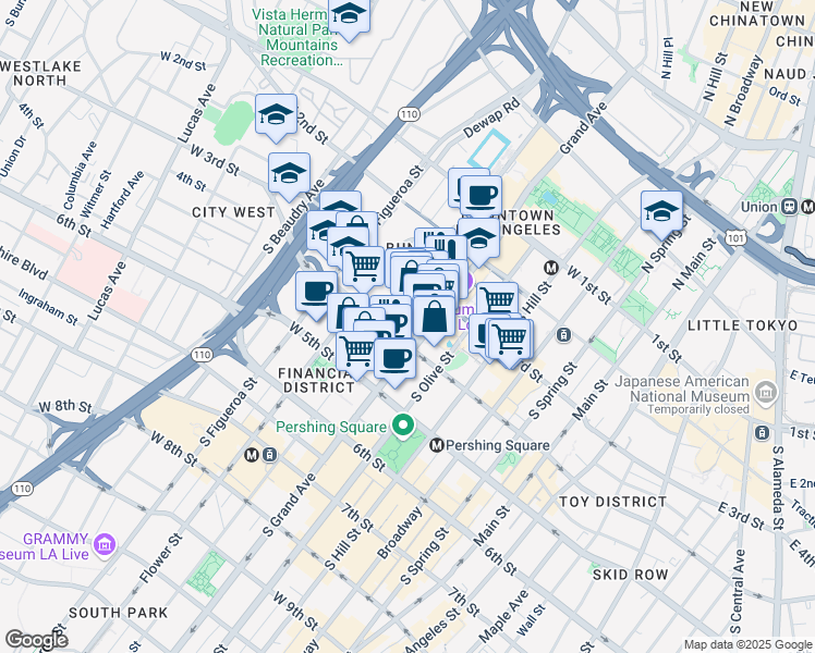 map of restaurants, bars, coffee shops, grocery stores, and more near 355 South Grand Avenue in Los Angeles