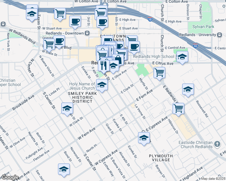 map of restaurants, bars, coffee shops, grocery stores, and more near 51 West Olive Avenue in Redlands