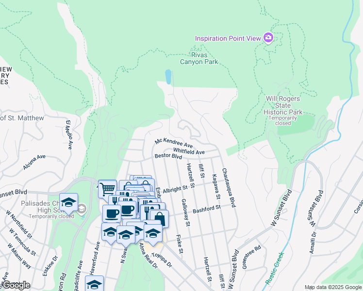 map of restaurants, bars, coffee shops, grocery stores, and more near 14800 Mc Kendree Avenue in Los Angeles