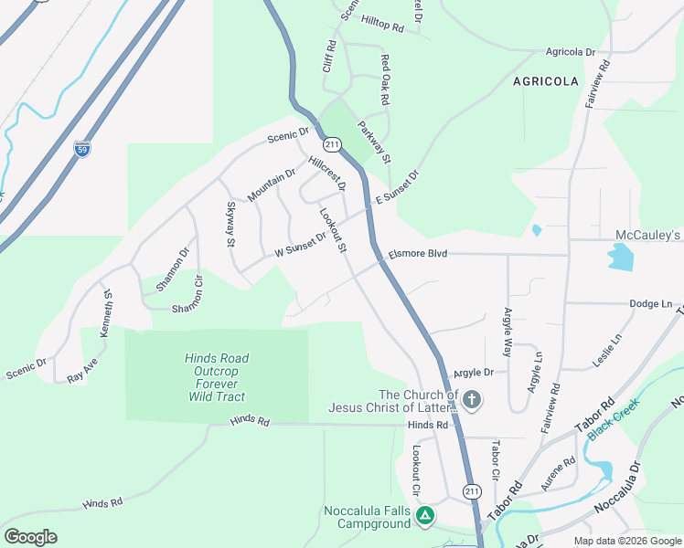 map of restaurants, bars, coffee shops, grocery stores, and more near 2408 Lookout Street in Gadsden