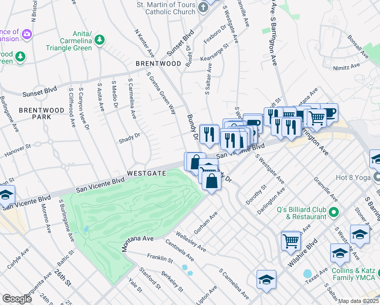 map of restaurants, bars, coffee shops, grocery stores, and more near 668 South Gretna Green Way in Los Angeles