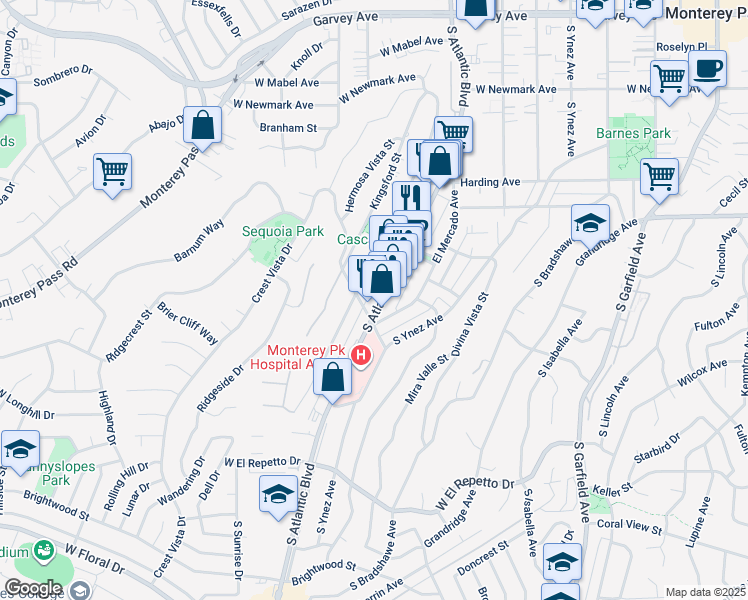 map of restaurants, bars, coffee shops, grocery stores, and more near 751 South Atlantic Boulevard in Monterey Park